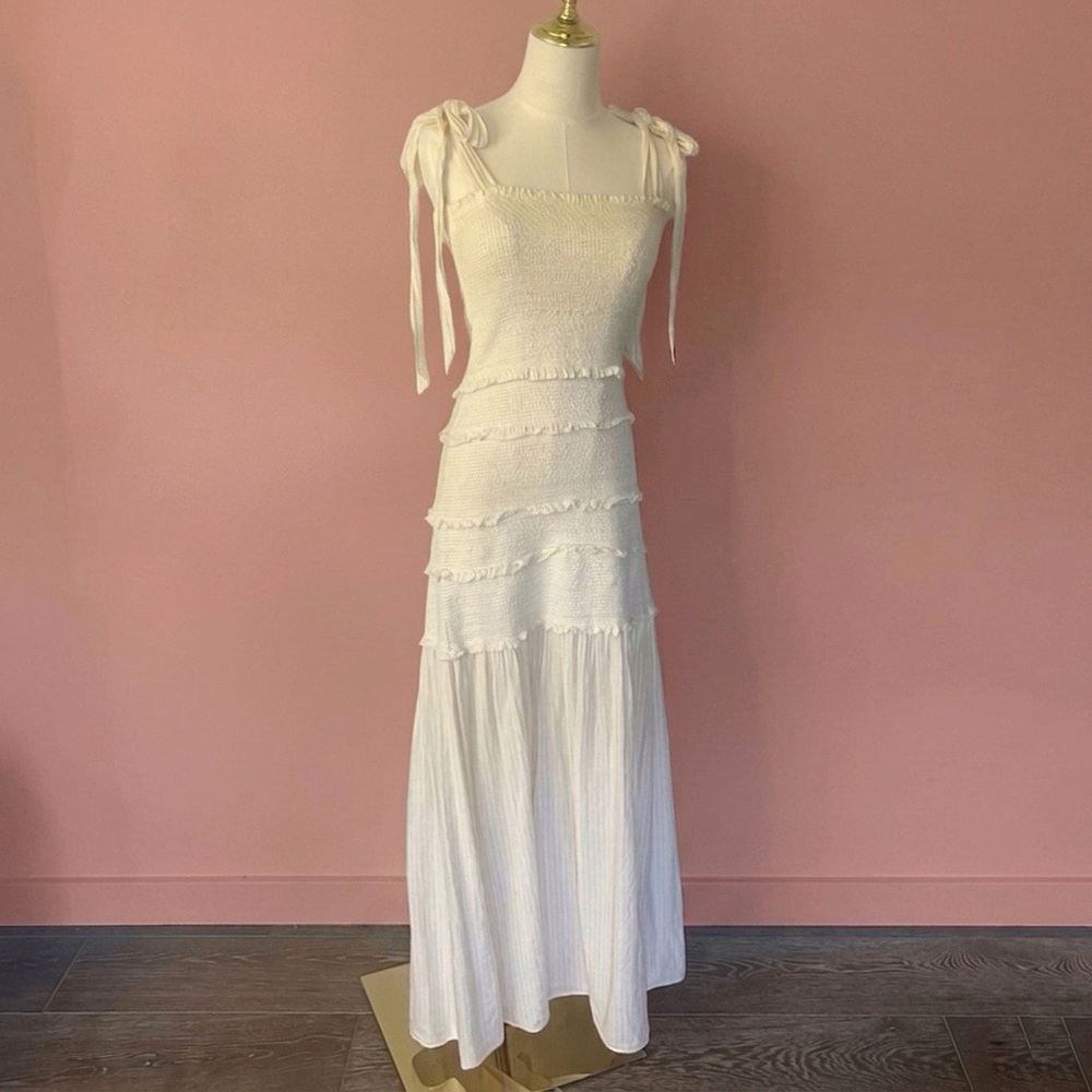 LoveShackFancy Cream Pinstripe Smocked Tiered Ruffle Maxi Dress Bow Straps Small